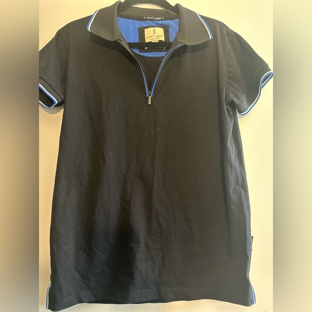 Scott James Men's Black Polo Shirt with Blue Trim